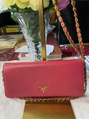 Prada Pink Saffiano Chain Crossbody Wallet